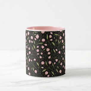 Cute, pink flower on black with repeating pattern  mug