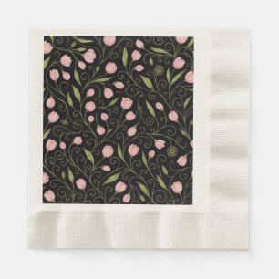 Cute, pink flower on black with repeating pattern napkin