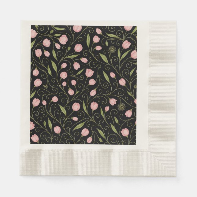 Cute, pink flower on black with repeating pattern  napkin (Front)