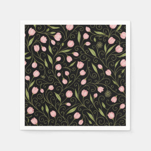 Cute, pink flower on black with repeating pattern napkin