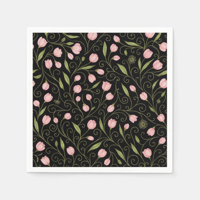 Cute, pink flower on black with repeating pattern  napkin (Front)