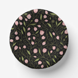Cute, pink flower on black with repeating pattern paper plate