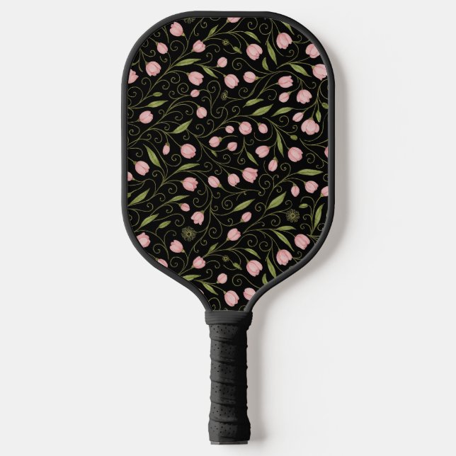 Cute, pink flower on black with repeating pattern  pickleball paddle (Front)