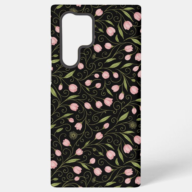 Cute, pink flower on black with repeating pattern  samsung galaxy s22 ultra case (Back)