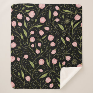 Cute, pink flower on black with repeating pattern sherpa blanket
