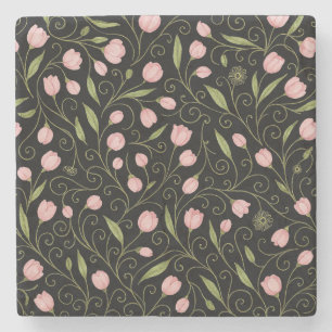 Cute, pink flower on black with repeating pattern  stone coaster