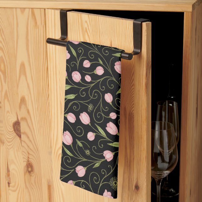 Cute, pink flower on black with repeating pattern  tea towel (Thirds Fold)