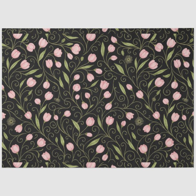 Cute, pink flower on black with repeating pattern  tissue paper (Front)