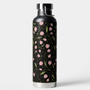 Cute, pink flower on black with repeating pattern water bottle
