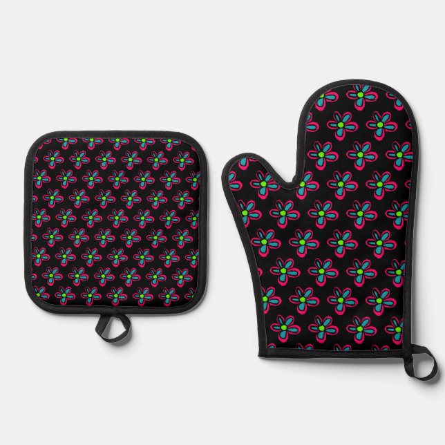 Cute Pink Flower Oven Mitt & Pot Holder Set (Front)