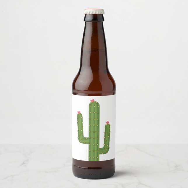 Cute Pink Flower Southwestern Green Cactus Beer Bottle Label (Front)