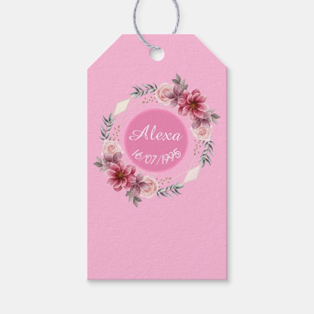 Cute Pink Flower Wreath Birthday Gift Tag (Front)