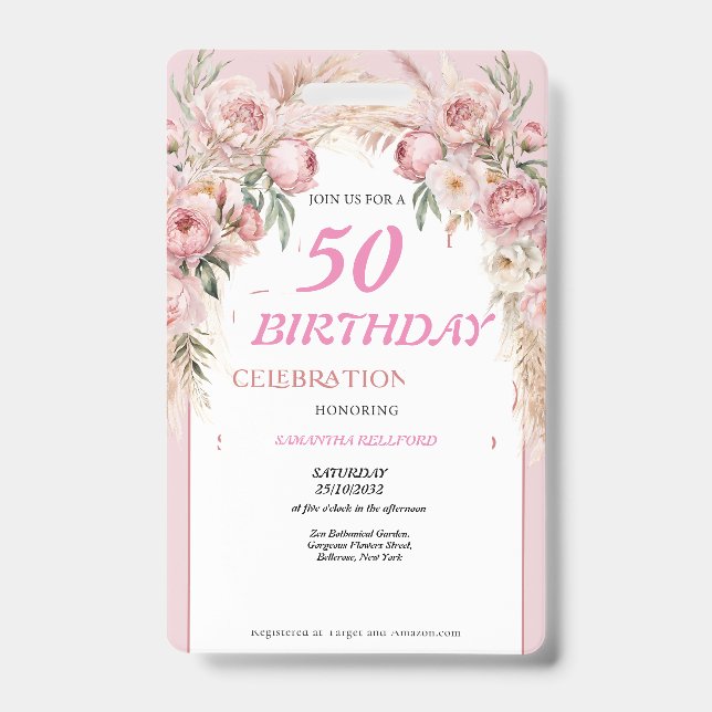 Cute Pink Flowers Birthday ID Badge (Front)