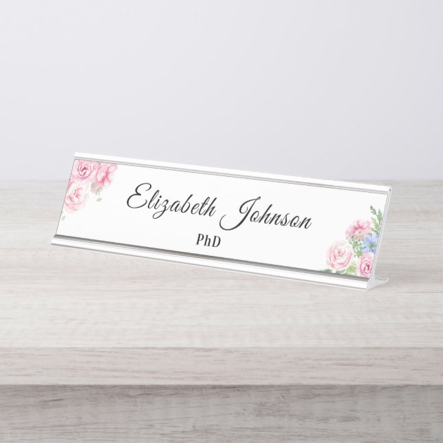 cute pink flowers/floral Dr PhD graduate any title Desk Name Plate (Front)