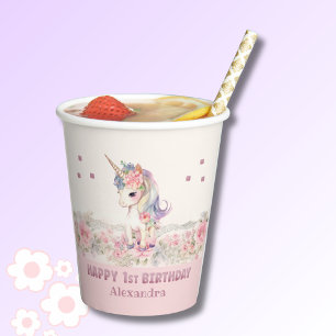 Cute Pink Flowers Girl Unicorn 1st Birthday Paper Cups