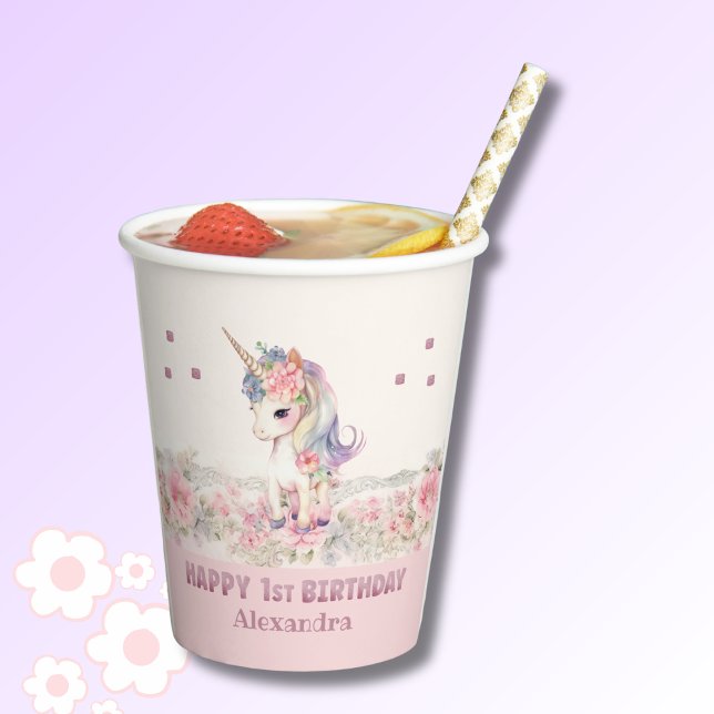 Cute Pink Flowers Girl Unicorn 1st Birthday Paper Cups (Creator Uploaded)