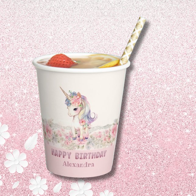 Cute Pink Flowers Girl Unicorn Birthday Paper Cups (Creator Uploaded)