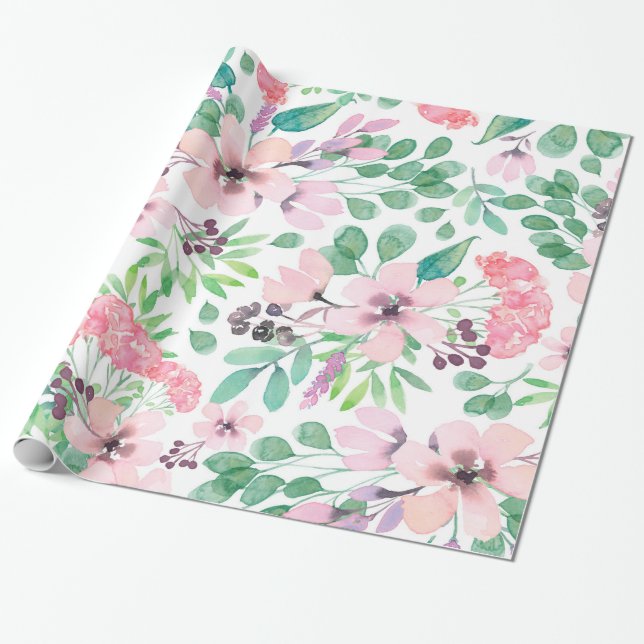 Cute Pink Flowers Green Leafs Pattern Wrapping Paper (Unrolled)