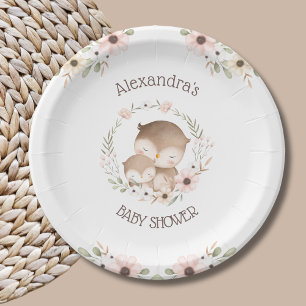 Cute Pink Flowers Woodland Owl Baby Girl Shower Paper Plate
