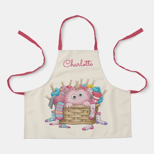 Cute Pink Fluffy Sock Monster Kids Design Apron (Front)