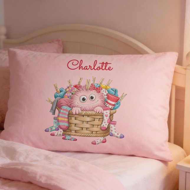 Cute Pink Fluffy Sock Monster Kids Design Pillowcase (Creator Uploaded)
