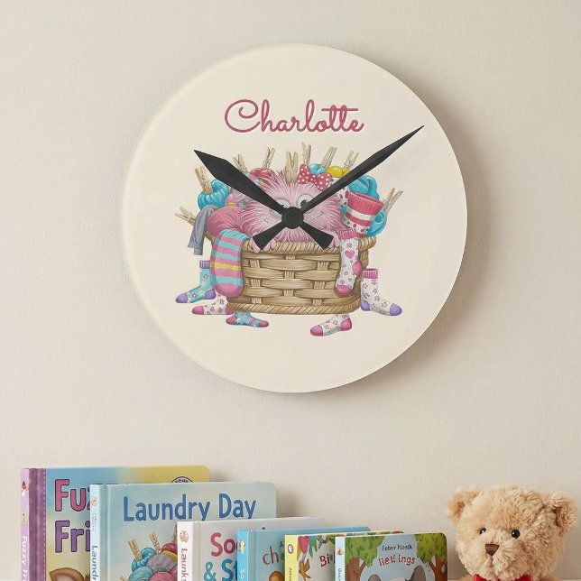 Cute Pink Fluffy Sock Monster Kids Design Round Clock (Creator Uploaded)