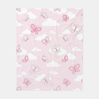 Cute Pink Flying Butterfly & Clouds Baby Fleece Blanket