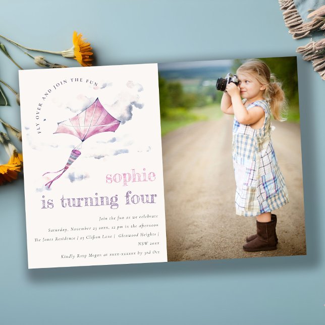 Cute Pink Flying Kite Sky Clouds Photo Birthday Invitation (Creator Uploaded)