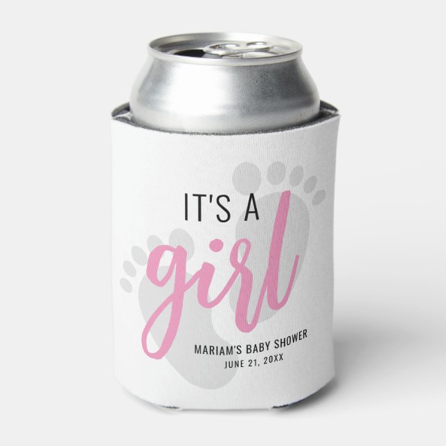 Cute Pink Footprints It’s a Girl Baby Shower Can Cooler (Can Front)