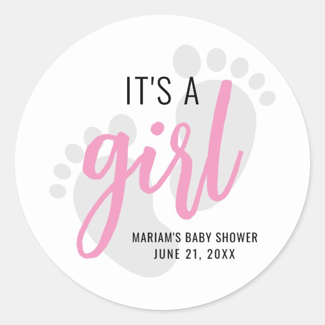 Cute Pink Footprints It’s a Girl Baby Shower Classic Round Sticker (Front)