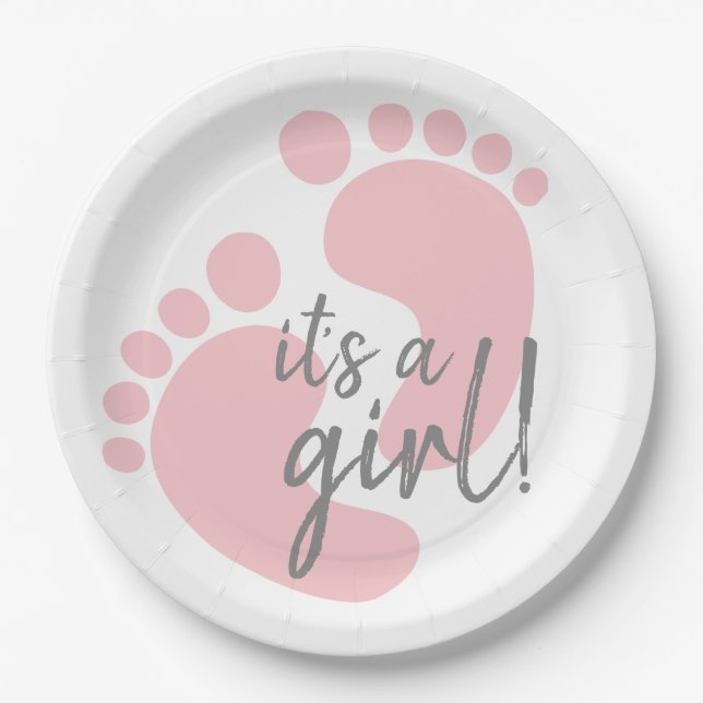 Cute Pink Footprints It's A Girl Baby Shower Paper Plate (Front)