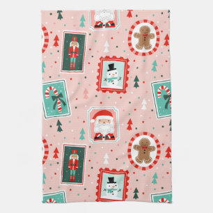 Cute Pink Framed Christmas Icons Tea Towel