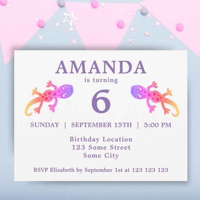 Cute Pink Gecko Girls Birthday Party Invitation Postcard (Creator Uploaded)