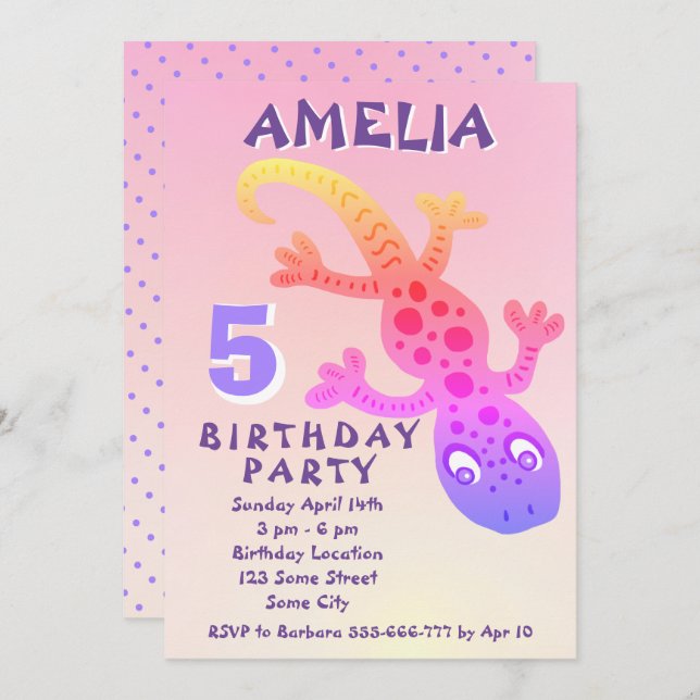 Cute Pink Gecko Lizard Girls Birthday Party Invita Invitation (Front/Back)