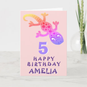 Cute Pink Gecko Lizard Girls Happy Birthday Card