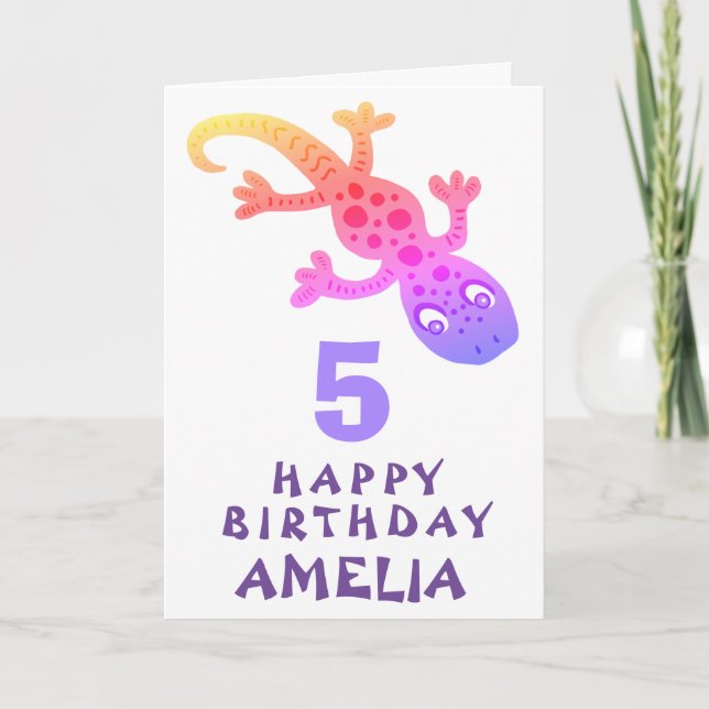 Cute Pink Gecko Lizard Girls Happy Birthday Card (Front)