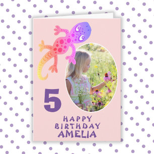 Cute Pink Gecko Lizard Girls Photo Birthday Card