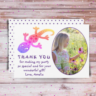 Cute Pink Gecko Lizard Girls Photo Birthday Thank You Card