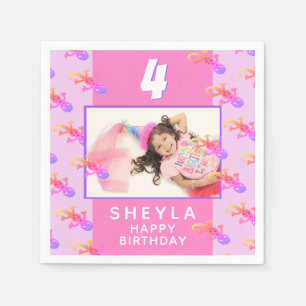 Cute Pink Gecko Lizard Kid`s Birthday Party Photo Napkin