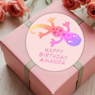 Cute Pink Gecko Lizard Rainbow Girls Birthday Classic Round Sticker