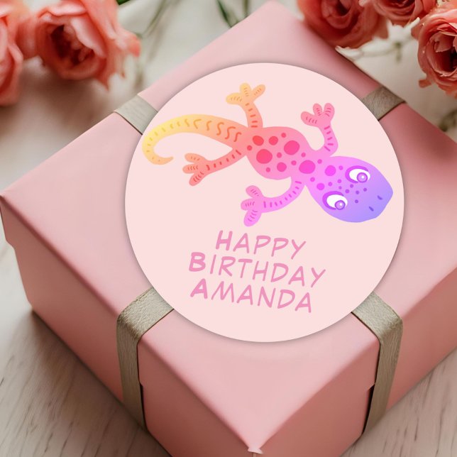 Cute Pink Gecko Lizard Rainbow Girls Birthday Classic Round Sticker (Creator Uploaded)
