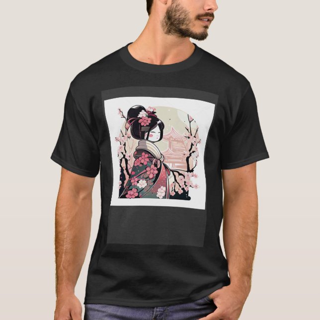 Cute pink geisha girl cherry blossom and japanese  T-Shirt (Front)