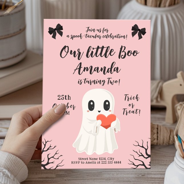 Cute Pink Ghost Birthday Spooky Boo Halloween Invitation (Creator Uploaded)