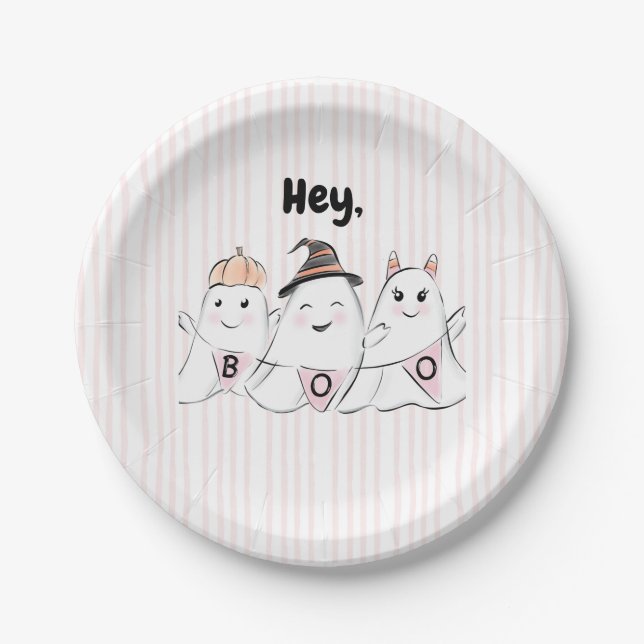 Cute Pink Ghost Boos Halloween Paper Plate (Front)