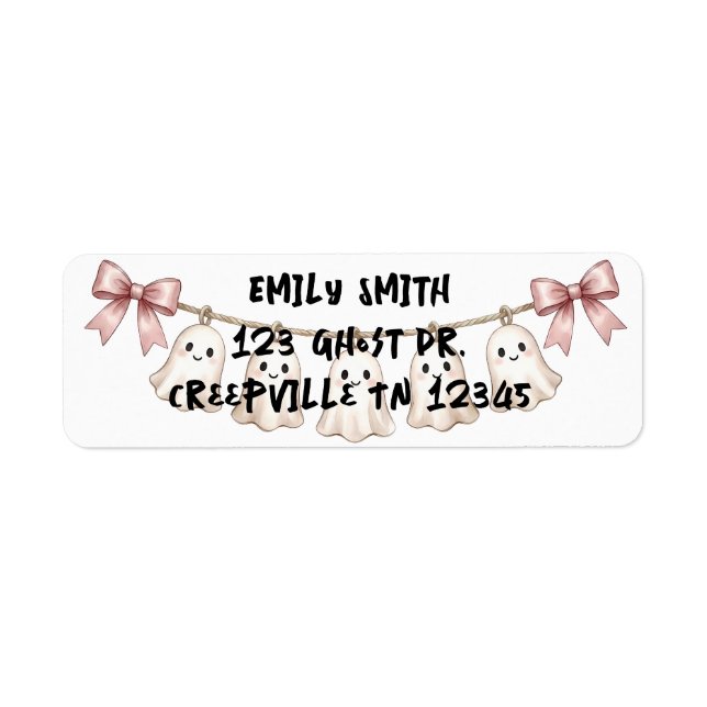 Cute Pink Ghost & Bows Return Address Labels (Front)