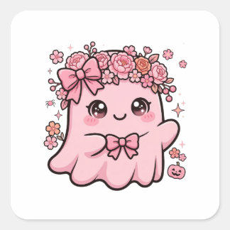 Cute Pink Ghost Floral Halloween Square Sticker