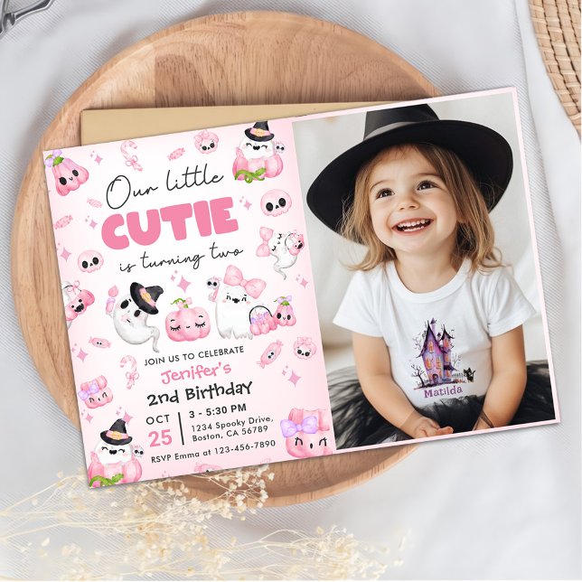 Cute Pink Ghost Halloween 2nd Birthday Photo Invitation (Creator Uploaded)