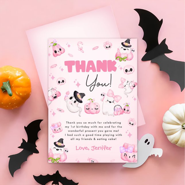 Cute Pink Ghost Halloween Birthday Thank You Card (Creator Uploaded)