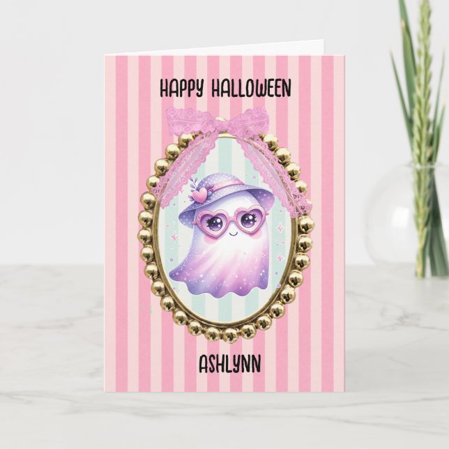 Cute Pink Ghost Halloween Card (Front)