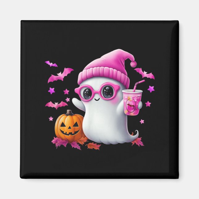 Cute Pink Ghost Halloween - Funny Retro Ghost with Magnet (Front)